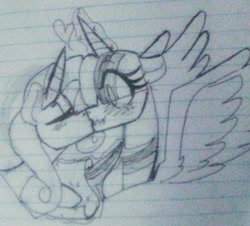 Size: 1440x1301 | Tagged: safe, artist:jucupcake90, derpibooru import, rarity, twilight sparkle, twilight sparkle (alicorn), alicorn, pony, unicorn, female, kissing, lesbian, lined paper, rarilight, shipping, traditional art