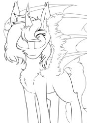 Size: 2480x3508 | Tagged: safe, artist:php70, derpibooru import, oc, oc only, hybrid, bat wings, chest fluff, fluffy, half bat pony, half changeling, lineart, ponysona, solo