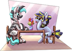 Size: 2540x1805 | Tagged: safe, artist:crunchycrowe, derpibooru import, oc, earth pony, pony, zebra, chair, commission, date, duo, female, flower, male, mare, simple background, sitting, stallion, straight, table, tongue out, transparent background, ych result, zebra oc