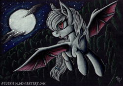 Size: 3484x2456 | Tagged: safe, artist:julunis14, derpibooru import, oc, oc only, oc:shikaka, bat pony, albino, bow, braided tail, cloud, flying, forest, moon, smiling, solo, stars, tail bow, traditional art, vampire bat pony