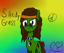 Size: 1500x1250 | Tagged: safe, artist:chet_volaner, derpibooru import, oc, oc:shady grass, amulet, angry, hippie, looking at you, peace sign, solo