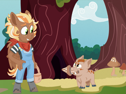 Size: 1111x825 | Tagged: safe, artist:dbkit, derpibooru import, oc, oc:sunstride, anthro, pig, bucktooth, clothes, mushroom, next generation, offspring, parent:applejack, parent:soarin', parents:soarinjack, story included, tree