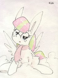 Size: 692x927 | Tagged: safe, artist:slightlyshade, derpibooru import, blossomforth, pegasus, pony, clothes, cloud, female, scarf, solo, traditional art