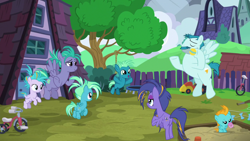 Size: 1280x720 | Tagged: safe, derpibooru import, screencap, gusty sprite, sky stinger, thunderstruck, windy streak, pegasus, pony, top bolt, baby, baby pony, backyard, ball, colt, family, female, filly, flying, male, mare, playing, ray stinger, sky stinger's family, stallion, thunder dust, trampoline, unicycle