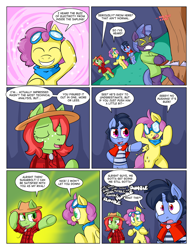 Size: 1280x1656 | Tagged: safe, artist:zanezandell, derpibooru import, oc, oc only, oc:cortland apple, oc:krabby, oc:sugar bolt, comic:cmcnext, ascot, bipedal, cape, clothes, cmcnext, colt, comic, cute, female, filly, goggles, hat, male, pink, plaid shirt, rumbling, saw, shirt, shoujo sparkles, smiling, sparkles, speech bubble, straw hat, stripped shirt, tree