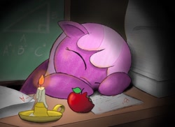 Size: 1499x1091 | Tagged: safe, artist:coloringrainclouds, cheerilee, pony, apple, candle, food, paper, safepony, sleeping, solo