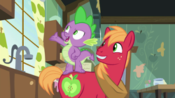 Size: 1280x720 | Tagged: safe, derpibooru import, screencap, big macintosh, spike, dragon, earth pony, pony, the break up breakdown, dragons riding ponies, duo, male, riding, stallion