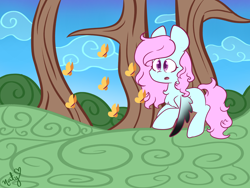 Size: 1600x1200 | Tagged: safe, artist:naty7913, derpibooru import, oc, oc only, butterfly, pegasus, pony, chibi, colored wings, colored wingtips, female, mare, solo, tree