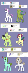 Size: 800x2080 | Tagged: safe, artist:pikokko, derpibooru import, oc, oc only, hybrid, original species, button eyes, collar, crack ship offspring, female, interspecies offspring, male, mare, multiple heads, offspring, parent:bloomberg, parent:cerberus (character), parent:crackle, parent:fluttershy, parent:granny smith, parent:lyra heartstrings, parent:matilda, parent:mr. turnip, parent:princess celestia, parent:rarity, parent:sir lintsalot, parent:smarty pants, purple background, shawl, simple background, spiked collar, stallion, three heads, wat