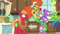 Size: 1280x720 | Tagged: safe, derpibooru import, screencap, big macintosh, discord, spike, draconequus, dragon, earth pony, pony, the break up breakdown, bowtie, clown, clown nose, clown wig, discord the clown, food, male, pie, red nose, stallion, trio