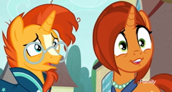 Size: 1170x627 | Tagged: safe, derpibooru import, screencap, stellar flare, sunburst, pony, unicorn, the parent map, discovery family logo, duo, faic, female, frown, male, mare, mother and child, mother and son, parent and child, sire's hollow, smiling, stallion