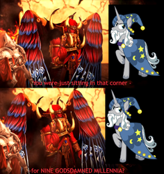 Size: 1398x1480 | Tagged: safe, derpibooru import, star swirl the bearded, unicorn, shadow play, crossover, hat, if the emperor had a text-to-speech device, magnus the red, warhammer (game), warhammer 40k, wizard