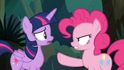 Size: 1920x1080 | Tagged: safe, derpibooru import, screencap, pinkie pie, twilight sparkle, twilight sparkle (alicorn), alicorn, earth pony, pony, the mean 6, angry, everfree forest, forest