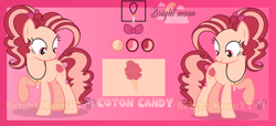 Size: 1024x468 | Tagged: safe, artist:sleppchocolatemlp, derpibooru import, oc, oc:cotton candy, earth pony, pony, female, mare, offspring, parent:cheese sandwich, parent:pinkie pie, parents:cheesepie, reference sheet, solo