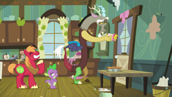 Size: 1280x720 | Tagged: safe, derpibooru import, screencap, big macintosh, discord, spike, draconequus, dragon, earth pony, pony, the break up breakdown, apple timer, kitchen, male, stallion, trio