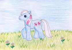 Size: 1024x718 | Tagged: safe, artist:normaleeinsane, derpibooru import, baby fifi, g1, flower, grass, solo, traditional art