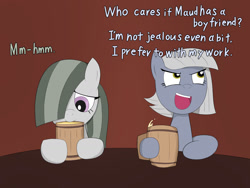 Size: 1600x1200 | Tagged: safe, artist:garammasara, derpibooru import, limestone pie, marble pie, earth pony, pony, alcohol, apple cider, dialogue, jealous