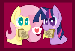 Size: 1226x844 | Tagged: safe, artist:redrose26, derpibooru import, fluttershy, twilight sparkle, pegasus, pony, blushing, bread, female, food, heart, heart eyes, lesbian, mouth hold, shipping, simple background, toast, twishy, wingding eyes