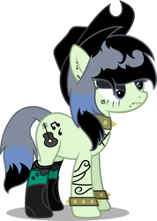 Size: 753x1060 | Tagged: safe, artist:dashiesparkle, derpibooru import, oc, oc only, oc:southern gothic, earth pony, pony, boots, choker, clothes, cowboy boots, cowboy hat, dyed mane, ear piercing, earring, eyeshadow, face tattoo, female, hat, icey-verse, jewelry, lip piercing, magical lesbian spawn, makeup, mare, next generation, offspring, parent:beauty brass, parent:fiddlesticks, parents:fiddlebrass, piercing, shoes, simple background, socks, solo, spiked choker, spiked wristband, tattoo, transparent background, unamused, vector, wristband