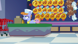 Size: 1920x1080 | Tagged: safe, screencap, earth pony, parasprite, pony, a flurry of emotions, bored, cash register, cashier, female, hat, mare, plushie, solo, toy store, unnamed pony