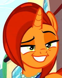 Size: 425x535 | Tagged: safe, derpibooru import, screencap, stellar flare, unicorn, the parent map, cropped, dreamworks face, faic, female, grin, lidded eyes, mare, raised eyebrow, sire's hollow, smiling, smug, solo