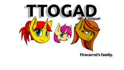 Size: 1280x720 | Tagged: safe, artist:goofnoo, artist:terminalhash, derpibooru import, oc, oc only, oc:maidgefirecarrot, oc:miminofirecarrot, oc:rouzfirecarrot, firecarrot's family, logotype