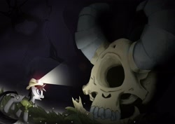 Size: 3720x2631 | Tagged: safe, artist:schwarz, derpibooru import, oc, oc:schwarz, arimaspi, pony, unicorn, abysmal abyss, arimaspi skull, cave, clothes, darkness, dead, explorer outfit, hard hat, headlamp, light, male, skull, solo, stallion