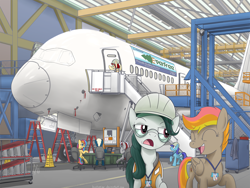 Size: 1920x1443 | Tagged: safe, artist:buckweiser, derpibooru import, oc, oc only, oc:canni soda, oc:front page, oc:golden gates, oc:mocha sunrise, oc:royal flush, oc:sierra nightingale, earth pony, pegasus, pony, aircraft, boeing, boeing 787, everett, everfree northwest, factory, female, hard hat, male, mare, meeting, plane, raised hoof, stallion, stepladder