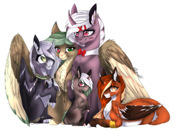 Size: 1869x1413 | Tagged: safe, artist:lunawolf28, derpibooru import, oc, oc only, oc:kani, oc:kanji, oc:luna, oc:nikita, oc:nishka, alicorn, pegasus, pony, unicorn, colored wings, female, filly, heterochromia, mare, multicolored wings, prone, simple background, sitting, transparent background, two toned wings