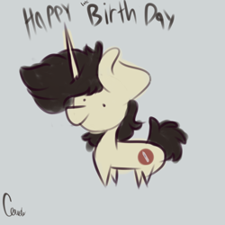 Size: 3000x3000 | Tagged: safe, artist:claudearts, derpibooru import, oc, oc only, oc:keith, unicorn, birthday, cutie mark, derp, gift art, gray background, signature, simple background, solo