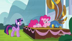 Size: 1920x1080 | Tagged: safe, derpibooru import, screencap, pinkie pie, twilight sparkle, twilight sparkle (alicorn), alicorn, earth pony, pony, yakity-sax, bedroom eyes, discovery family logo, duo, female, lying down, mare, yovidaphone