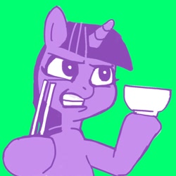 Size: 1000x1000 | Tagged: safe, artist:baigak, derpibooru import, twilight sparkle, bowl, chopsticks, green background, simple background, sketch, solo