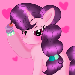 Size: 2048x2048 | Tagged: safe, artist:doraeartdreams-aspy, derpibooru import, sugar belle, pony, unicorn, bedroom eyes, blushing, cupcake, female, food, heart, heart background, mare, missing cutie mark, smiling, solo