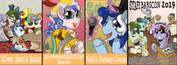 Size: 1280x470 | Tagged: safe, artist:lostinthetrees, derpibooru import, oc, oc only, oc:bonita, oc:golden gates, oc:silver span, oc:trees, earth pony, pegasus, pony, babscon, coffee, computer, female, laptop computer, mare, printer