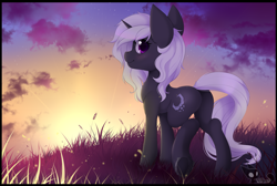 Size: 3597x2417 | Tagged: safe, artist:teranen, oc, oc only, oc:moon shard, pony, unicorn, cloud, colored pupils, commission, female, grass, looking back, mare, outdoors, plot, solo, sunset, twilight (astronomy), underhoof, ych result