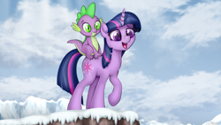 Size: 3149x1771 | Tagged: safe, artist:awalex, derpibooru import, spike, twilight sparkle, unicorn twilight, dragon, pony, unicorn, season 1, winter wrap up, carrying, cliff, dragons riding ponies, female, mare, open mouth, raised hoof, riding, scene interpretation, signature, sky, slit eyes, snow, winter