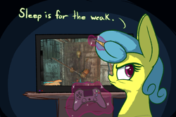 Size: 1800x1200 | Tagged: safe, artist:heir-of-rick, derpibooru import, lemon hearts, pony, unicorn, controller, dialogue, fallout, fallout 4, female, frown, glare, glowing horn, grumpy, levitation, looking back, magic, mare, playstation 4, pouting, sleep is for the weak, solo, talking to viewer, telekinesis, television, text, video game