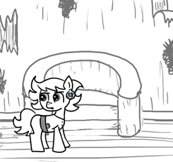 Size: 640x600 | Tagged: safe, artist:ficficponyfic, oc, oc:ruby rouge, earth pony, pony, belt, child, clothes, colt quest, ear piercing, earring, female, filly, foal, jewelry, monochrome, piercing, sofa, solo, story included