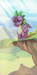 Size: 836x1672 | Tagged: safe, artist:gsphere, derpibooru import, spike, dragon, cliff, looking at something, male, mountain, solo, sunlight