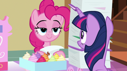 Size: 1920x1080 | Tagged: safe, derpibooru import, screencap, pinkie pie, twilight sparkle, twilight sparkle (alicorn), alicorn, earth pony, pony, a flurry of emotions, dat face, female, lidded eyes, sugarcube corner