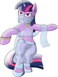 Size: 1493x1990 | Tagged: safe, artist:underwoodart, twilight sparkle, pony, bedroom eyes, belly button, belly dancer, bipedal, clothes, simple background, solo, transparent background, veil