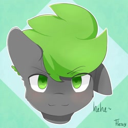 Size: 1280x1280 | Tagged: safe, artist:sexyflexy, derpibooru import, oc, oc only, oc:villainshima, pony, bust, front view, green background, looking at you, portrait, simple background