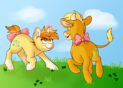 Size: 1280x914 | Tagged: safe, artist:lucky-leaf, derpibooru import, pony, baby leafy, baby lucky leaf, bowtie, cutie mark, duo, female