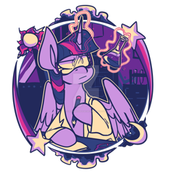 Size: 1024x1024 | Tagged: safe, artist:crownedspade, twilight sparkle, twilight sparkle (alicorn), alicorn, pony, design, flask, goggles, magic, pencil, shirt, shirt design, solo, traditional art, watermark