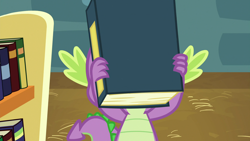 Size: 1920x1080 | Tagged: safe, edit, edited screencap, screencap, spike, dragon, a flurry of emotions, book, ponyville schoolhouse, solo, template