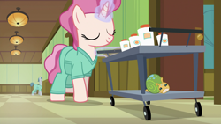 Size: 1920x1080 | Tagged: safe, screencap, whammy, pony, unicorn, a flurry of emotions, cart, clothes, first check, pants, ponyville hospital, race swap, scrubs, silver scrubs, solo