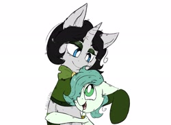 Size: 2031x1476 | Tagged: safe, artist:debicat, derpibooru import, oc, oc only, oc:emerald jewel, oc:joyride, earth pony, pony, unicorn, child, clothes, colt, colt quest, cyoa, eyeshadow, female, femboy, foal, hair over one eye, horn, hug, makeup, male, mare, socks