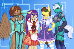 Size: 3702x2452 | Tagged: safe, artist:daf, derpibooru import, oc, oc:flat spin, oc:gear, oc:generic brit, oc:qen, oc:tranquil tome, anthro, anthro oc, blanc, clothes, cosplay, costume, group, hyperdimension neptunia, neptune, noire, vert