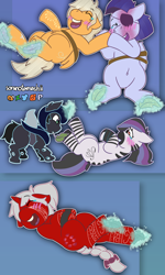 Size: 3000x5000 | Tagged: safe, artist:soranotamashii, oc, oc only, oc:blue dusk, oc:crimson (ice1517), oc:espio, oc:sandy storms, oc:sha'leka, bat pony, changeling, pony, unicorn, zebra, absurd resolution, belly button, blushing, bondage, bow, burn, changeling oc, crying, eyepatch, eyes closed, feather, female, fetish, hoof tickling, laughing, male, mare, mouth hold, oc x oc, rope, rope bondage, shipping, stallion, straight, tattoo, tears of laughter, tickle fetish, tickle torture, tickling, underhoof