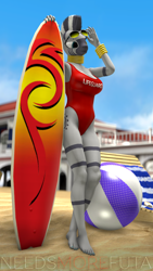 Size: 1080x1920 | Tagged: safe, artist:needsmorefuta, derpibooru import, zecora, anthro, plantigrade anthro, art pack:summer fun, 3d, armpits, barefoot, baywatch, beach, beach ball, boardwalk, breasts, clothes, feet, lifeguard, one-piece swimsuit, source filmmaker, surfboard, swimsuit, thong swimsuit, ze-bra buster